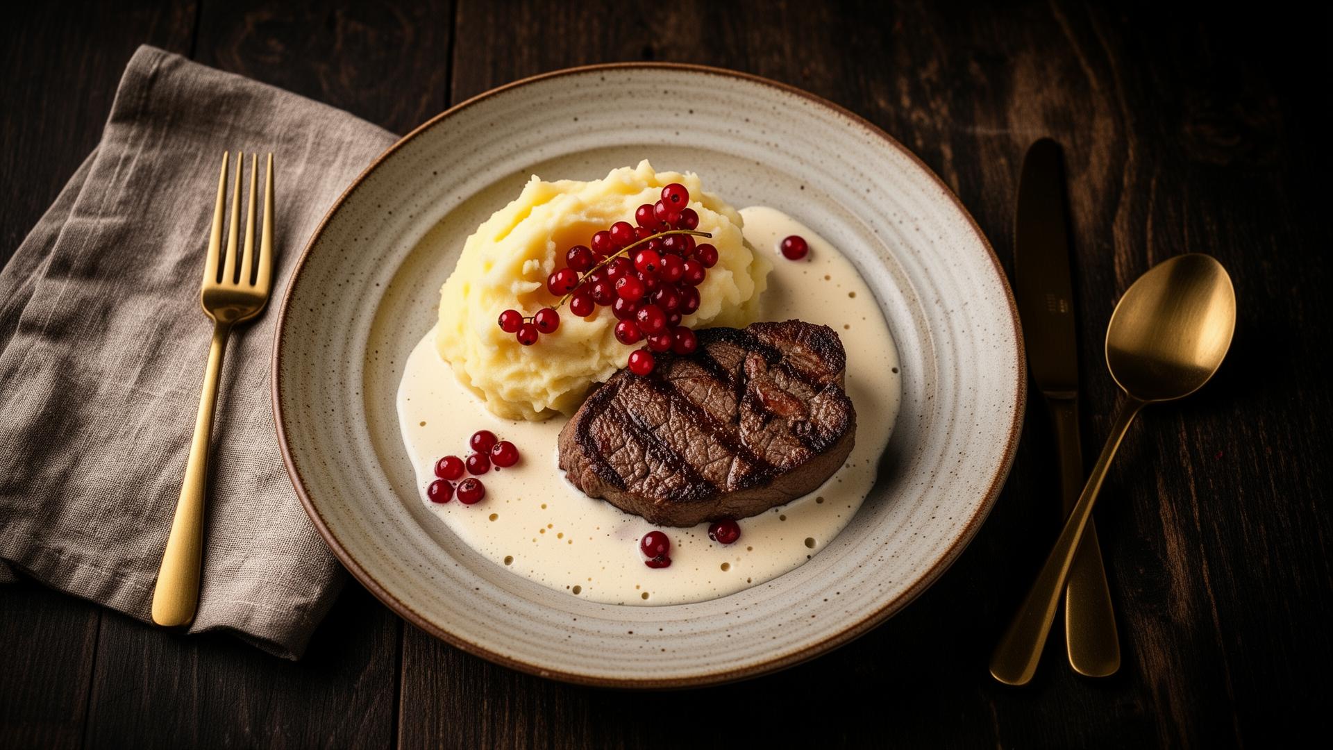 Pannbiff med kokt potatis, gräddsås och lingon